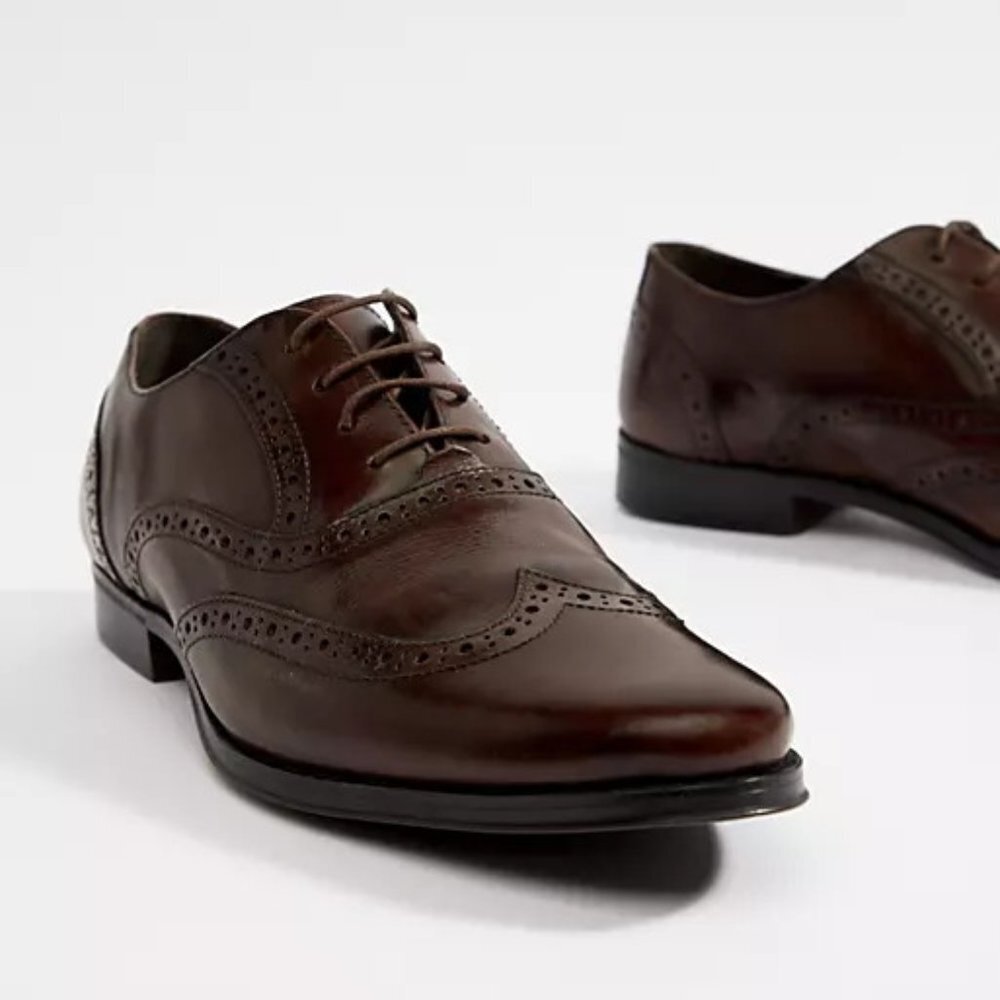 ASOS DESIGN Oxford Brogue Shoes In Brown Leather F910 - Picture 1 of 12